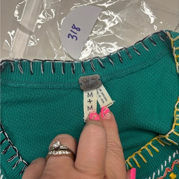 Free People Embroidered Waffle Knit Teal Boho Long Sleeve Womens Size Medium - Picture 5 of 6